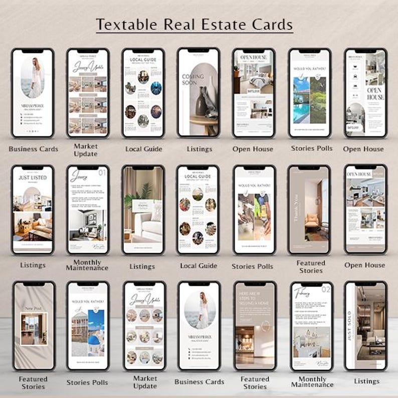 May include: A collage of 12 different real estate social media post templates. The templates are designed for use on Instagram or Facebook. The templates feature a variety of colors and designs, including a light blue and white template with a photo of a house, a pink and white template with a photo of a house, and a green and white template with a photo of a house.
