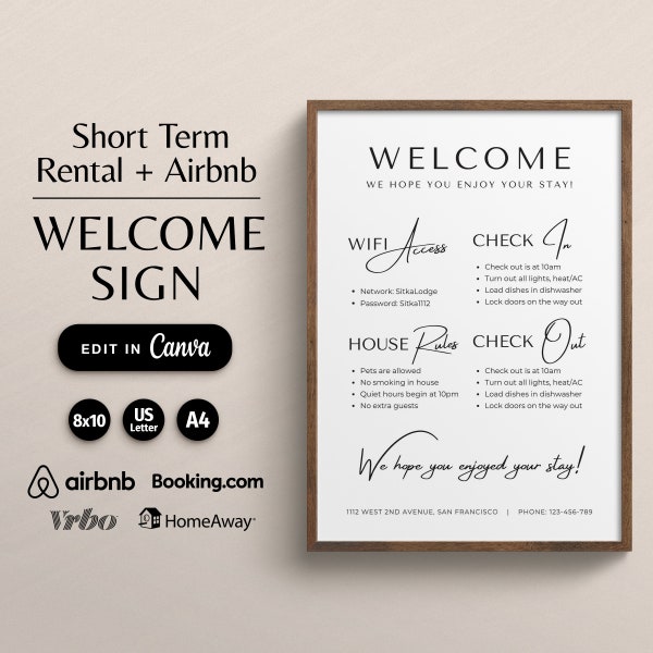 Airbnb Welcome Signs Template, Editable Short Term Rental House Rules, Editable Airbnb Host Guest Arrival Poster, Wifi Sign Template 03