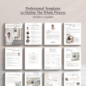 May include: A set of printable templates for a home seller's guide. The guide includes sections on finding a great agent, preparing your home, marketing tips, and final steps. The templates are designed to help sellers outline the entire home selling process.