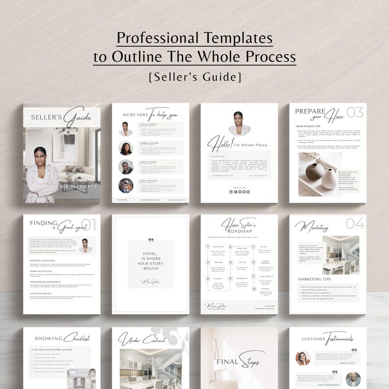May include: A set of printable templates for a home seller's guide. The guide includes sections on finding a great agent, preparing your home, marketing tips, and final steps. The templates are designed to help sellers outline the entire home selling process.