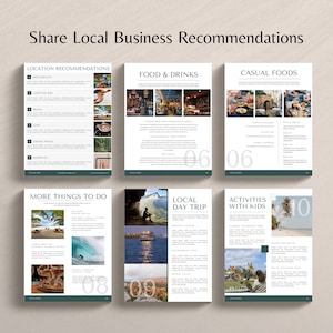 May include: A six-page guide with tips on local businesses, activities, and things to do in a destination. The guide features images of restaurants, cafes, shops, beaches, and other attractions. The pages are numbered 06, 08, 09, and 10.