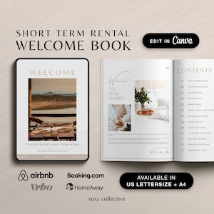 May include: A digital welcome book for short-term rentals. The cover features a scenic view and the word "WELCOME." Inside, the book includes contents like WiFi information and house rules. The design is available in US Letter size and A4. Includes Airbnb, Booking.com, and Vrbo logos.