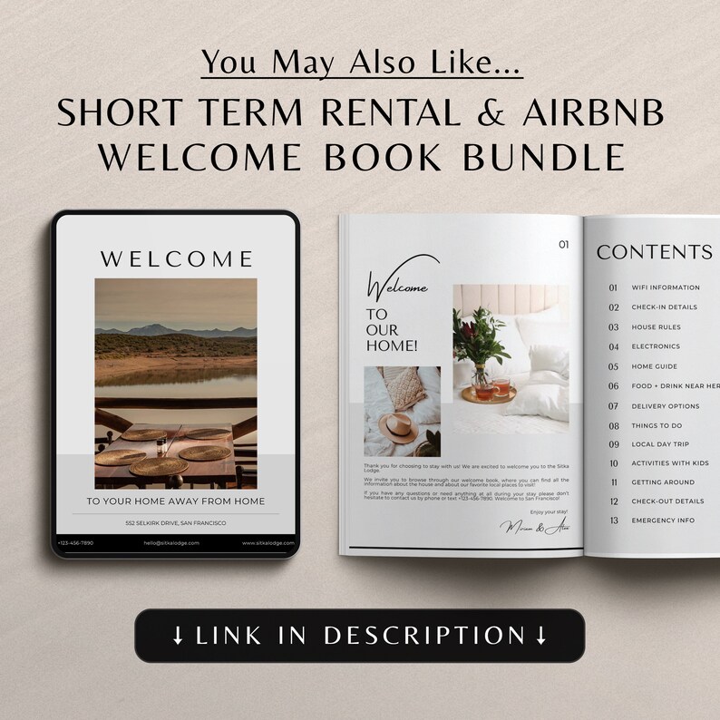 K&ouml;nnte beinhalten: Ein digitales Willkommensbuch-Paket f&uuml;r Kurzzeitmieten und Airbnb-Gastgeber. Das Cover zeigt ein Foto eines Sees mit einer Holzterrasse und St&uuml;hlen. Der Text auf dem Cover lautet "Willkommen in Ihrem Zuhause fernab von Zuhause". Die Inhaltsseite listet Elemente wie WLAN-Informationen, Check-in-Details, Hausregeln, Elektronik, Hausf&uuml;hrer, Essen und Trinken in der N&auml;he, Lieferoptionen, Aktivit&auml;ten, lokale Tagesausfl&uuml;ge, Aktivit&auml;ten mit Kindern, Anreise, Check-out-Details und Notfallinformationen auf.