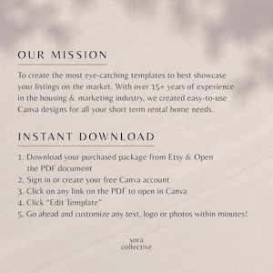 May include: A text-based graphic with the title "Our Mission" and a description of the company's mission to create eye-catching templates for short-term rental homes. The graphic also includes the title "Instant Download" and a list of five steps for downloading and using the templates.