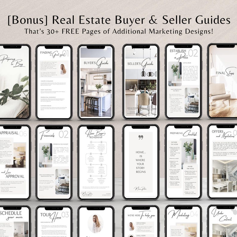 May include: A collage of 12 images showing different steps in the real estate buying and selling process. The images are in a grid layout and feature text, graphics, and photos of homes. The text includes phrases like "Buyer's Guide", "Seller's Guide", "Home is Where Your Story Begins", and "Preparing Checklist".