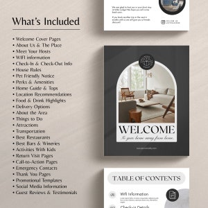 May include: A black and white graphic with the text "What's Included" and a list of items included in a welcome guide for a vacation rental. The list includes items such as welcome cover pages, about us and the place, meet your hosts, wifi information, check-in and check-out info, house rules, pet friendly notice, perks and amenities, home guide and tips, location recommendations, food and drink highlights, delivery options, about the area, things to do, attractions, transportation, best restaurants, best bars and wineries, activities with kids, return visit pages, call-to-action pages, emergency contacts, thank you pages, promotional templates, social media information, and guest reviews and testimonials.