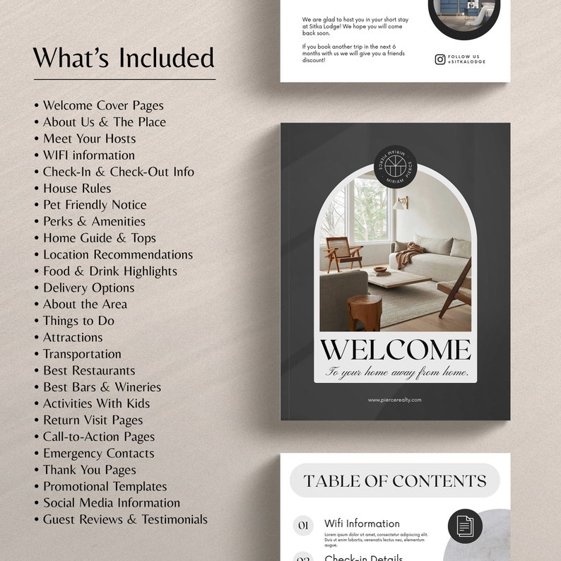 May include: A black and white graphic with the text "What's Included" and a list of items included in a welcome guide for a vacation rental. The list includes items such as welcome cover pages, about us and the place, meet your hosts, wifi information, check-in and check-out info, house rules, pet friendly notice, perks and amenities, home guide and tips, location recommendations, food and drink highlights, delivery options, about the area, things to do, attractions, transportation, best restaurants, best bars and wineries, activities with kids, return visit pages, call-to-action pages, emergency contacts, thank you pages, promotional templates, social media information, and guest reviews and testimonials.