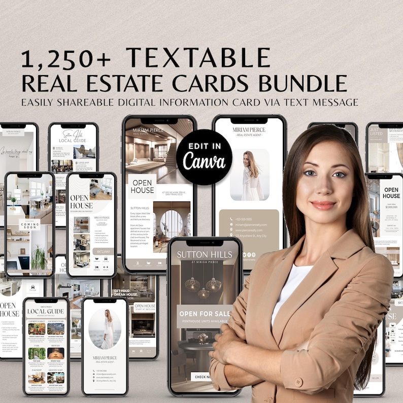 May include: A collection of 1,250+ customizable real estate cards designed for sharing via text message. The cards feature a variety of layouts and designs, including open house announcements, local guides, and property listings. The cards are editable in Canva, allowing users to personalize them with their own branding and information.
