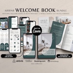 May include: A digital welcome book bundle for Airbnb, Vrbo, Booking.com, and HomeAway. The bundle includes both printable and mobile interactive digital formats. The welcome book features a green and white color scheme with a modern design. The text on the cover reads "Welcome Book Bundle" and "Matching Welcome Books in Both Printable & Mobile Interactive Digital Formats".