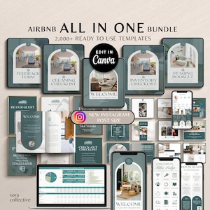 May include: A collection of digital templates for Airbnb hosts, featuring a green and white color scheme. The templates include a welcome guide, cleaning checklist, inventory checklist, feedback form, and more. The text "EDIT IN Canva" is visible in the image.
