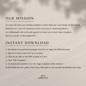 May include: A text-based image with the title "Our Mission" and the text "To create the most eye-catching templates to best showcase your listings on the market. With over 15+ years of experience in the real estate & marketing industry, we collaborated with real estate agents to create easy-to-use Canva templates that are actually "realtor-approved"!"  The image also includes the text "INSTANT DOWNLOAD" and a list of six steps for downloading and using the templates.