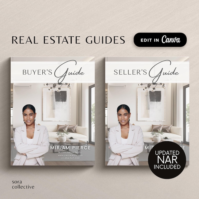 May include: Two real estate guides, one for buyers and one for sellers. Both guides feature a woman in a white blazer with her arms crossed, a modern interior design background, and the text "REAL ESTATE GUIDES" at the top.