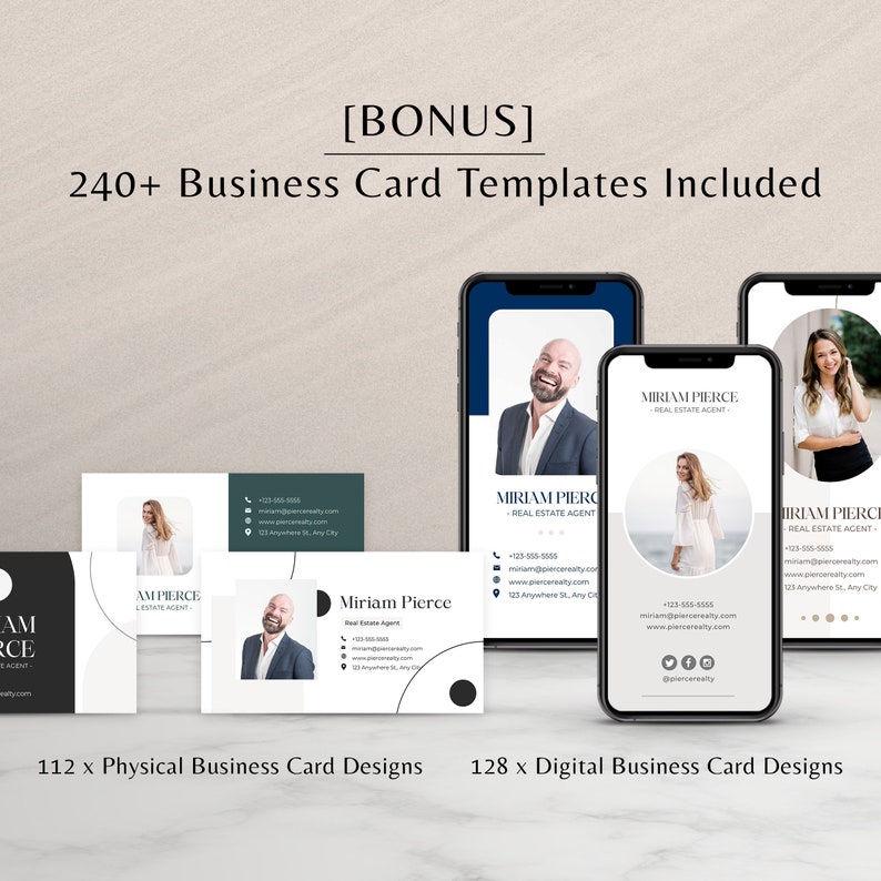 May include: A collection of 240+ business card templates, including 112 physical designs and 128 digital designs. The image shows examples of the templates, featuring a white background with black and green accents, and a circular design element. The text "MIRIAM PIERCE - REAL ESTATE AGENT" is featured on the cards.
