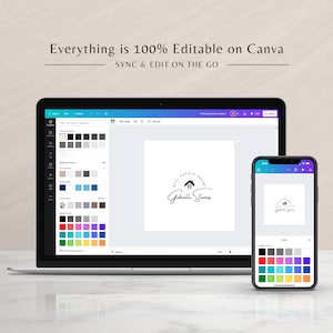 May include: A screenshot of a computer screen and a mobile phone showing the Canva design platform. The design on the screen is a black and white logo for a real estate agent. The logo features a house icon and the text "Real Estate Agent Gabrielle Stevens".