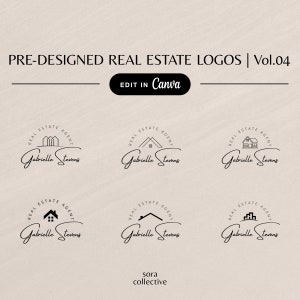 May include: Six black and white real estate logo designs featuring different house illustrations and the text "Real Estate Agent Gabrielle Stevens".