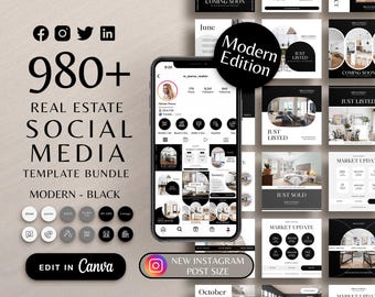 Realtor Marketing Kit, Branding Bundle, Real Estate Black Canva Templates, Modern Real Estate Bundle, Real Estate Instagram Post Templates