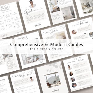 May include: A set of white and grey guides for home buyers and sellers. The guides are laid out on a white surface and feature images of homes and real estate agents. The text on the guides includes "Comprehensive & Modern Guides for Buyers & Sellers", "Home Seller's Roadmap", "Finding a Great Agent", "Final Details", "Customer Testimonials", and "We're Here to Help You".