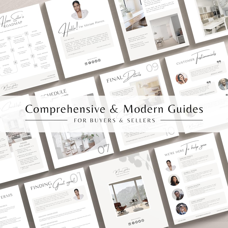 May include: A set of white and grey guides for home buyers and sellers. The guides are laid out on a white surface and feature images of homes and real estate agents. The text on the guides includes "Comprehensive & Modern Guides for Buyers & Sellers", "Home Seller's Roadmap", "Finding a Great Agent", "Final Details", "Customer Testimonials", and "We're Here to Help You".