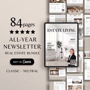 Real Estate Newsletter Bundle, Real Estate Marketing, Real Estate Farming, Monthly Newsletter Template, Realtor Farming, Canva Template