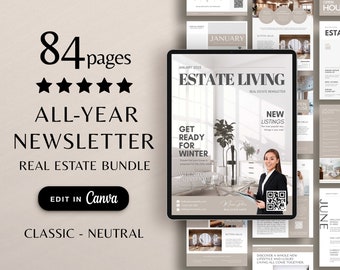 Real Estate Newsletter Bundle, Real Estate Marketing, Real Estate Farming, Monthly Newsletter Template, Realtor Farming, Canva Template