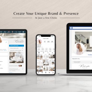 May include: A screenshot of a computer screen displaying a social media profile for a real estate agent. The profile features a photo of the agent, a list of their services, and a call to action to create a unique brand and presence in just a few clicks.