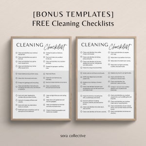 May include: Two printable cleaning checklists with a white background and black text. The checklists are titled "Cleaning Checklist" and include a list of cleaning tasks for different areas of the home, such as the kitchen, bathroom, and living room.