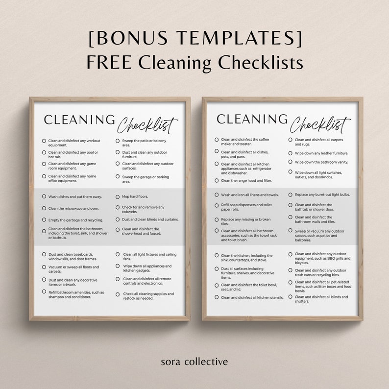 May include: Two printable cleaning checklists with a white background and black text. The checklists are titled "Cleaning Checklist" and include a list of cleaning tasks for different areas of the home, such as the kitchen, bathroom, and living room.