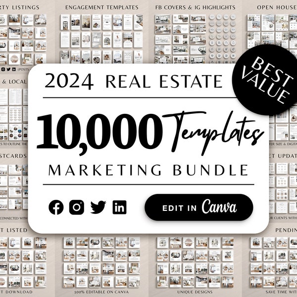 10,000+ Real Estate Marketing Templates Bundle, Real Estate Guides + Flyers, Social Media Instagram + Facebook Realtor Agent Branding