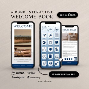 Peut inclure: Une maquette d'écran de téléphone mobile montrant un livre d'accueil interactif pour une location de vacances. Le livre comprend des sections pour le Wi-Fi, l'enregistrement, le règlement intérieur, les animaux de compagnie, l'électronique, le guide de la maison, les services locaux, les boissons, la nourriture, les livraisons, les transports, les conseils locaux, les activités, les déplacements et le départ. Le livre est intitulé "Votre guide pour Sitka Lodge".