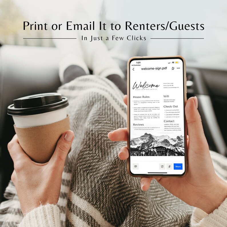 K&ouml;nnte beinhalten: Ein Smartphone, auf dem ein PDF-Dokument mit einem Willkommenszeichen angezeigt wird. Es enth&auml;lt Abschnitte f&uuml;r Hausregeln, WLAN, Check-out, Kontakt und Bewertungen. Der Text auf dem Bildschirm lautet "Willkommen" und "Genie&szlig;en Sie Ihren Aufenthalt bei uns".