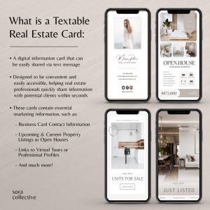 May include: A digital real estate card template with a white background and black text. The card features a photo of a home and the text "Open House" and "$872,000".