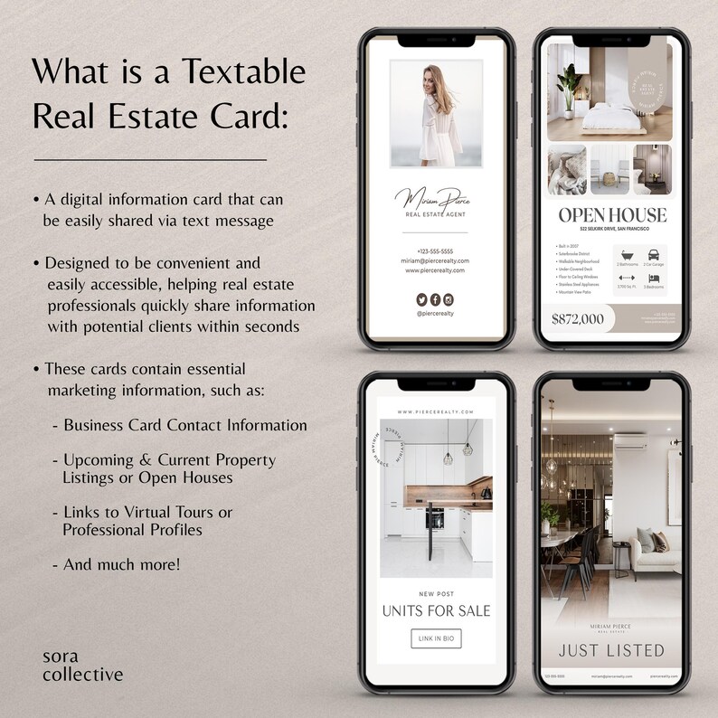 May include: A digital real estate card template with a white background and black text. The card features a photo of a home and the text "Open House" and "$872,000".