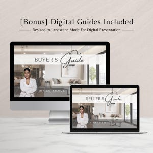 May include: Two digital guides, one titled "Buyer's Guide" and the other titled "Seller's Guide", are displayed on computer screens. Both guides feature a woman with her arms crossed and the text "Miriam Pierce".