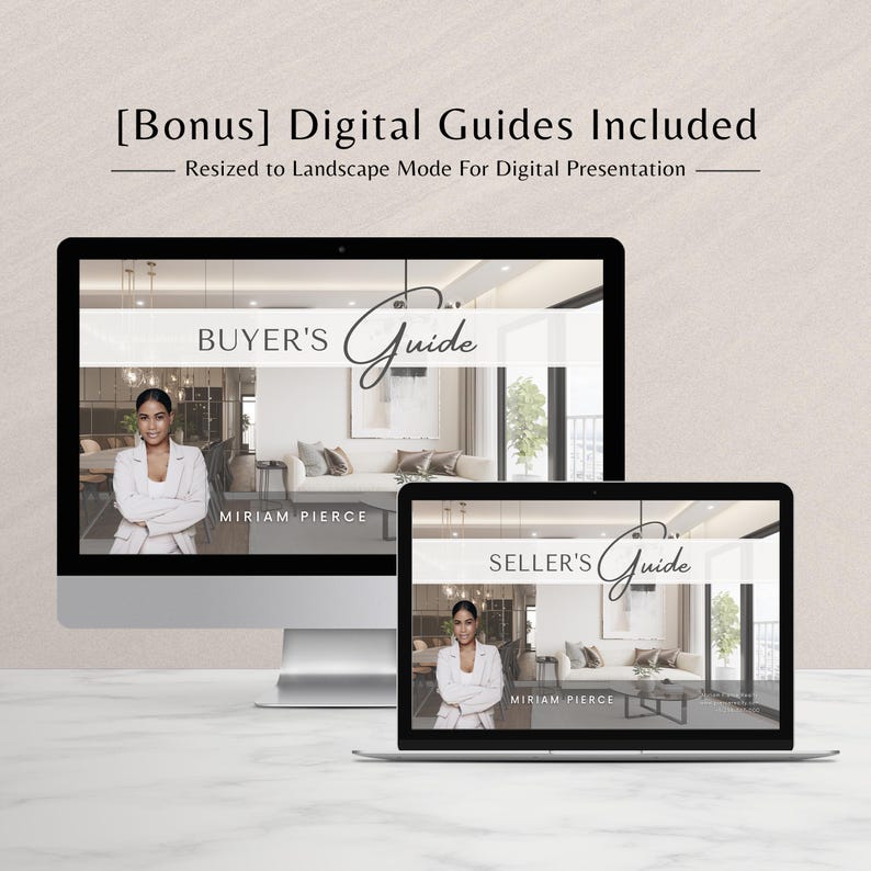 May include: Two digital guides, one titled "Buyer's Guide" and the other titled "Seller's Guide", are displayed on computer screens. Both guides feature a woman with her arms crossed and the text "Miriam Pierce".