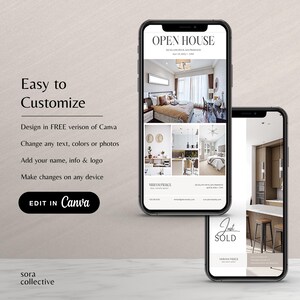 May include: A digital mockup of a mobile phone screen displaying a real estate open house flyer. The flyer features a white background with black text and images of a modern home. The text on the flyer reads "Open House" and "Just Sold".