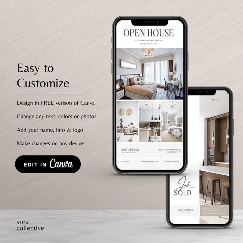 May include: A digital mockup of a mobile phone screen displaying a real estate open house flyer. The flyer features a white background with black text and images of a modern home. The text on the flyer reads "Open House" and "Just Sold".