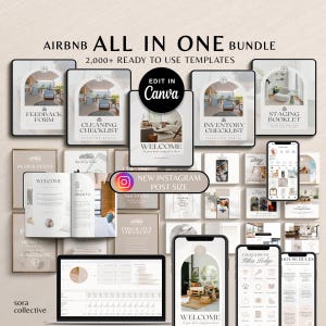 May include: A collage of digital templates for Airbnb hosts, featuring a variety of designs and layouts. The templates include checklists, welcome guides, feedback forms, and more. The text "Airbnb All in One Bundle" and "2,000+ Ready to Use Templates" is visible at the top of the image. The text "Edit in Canva" is also visible in a circle.