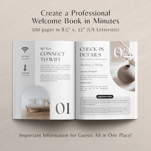 May include: A welcome book template for guests with a blue and white design. The cover features a wifi symbol, a key, and the text "Connect to Wifi". The second page features a check-in details section with the text "Check-in Details" and "Directions & Parking".