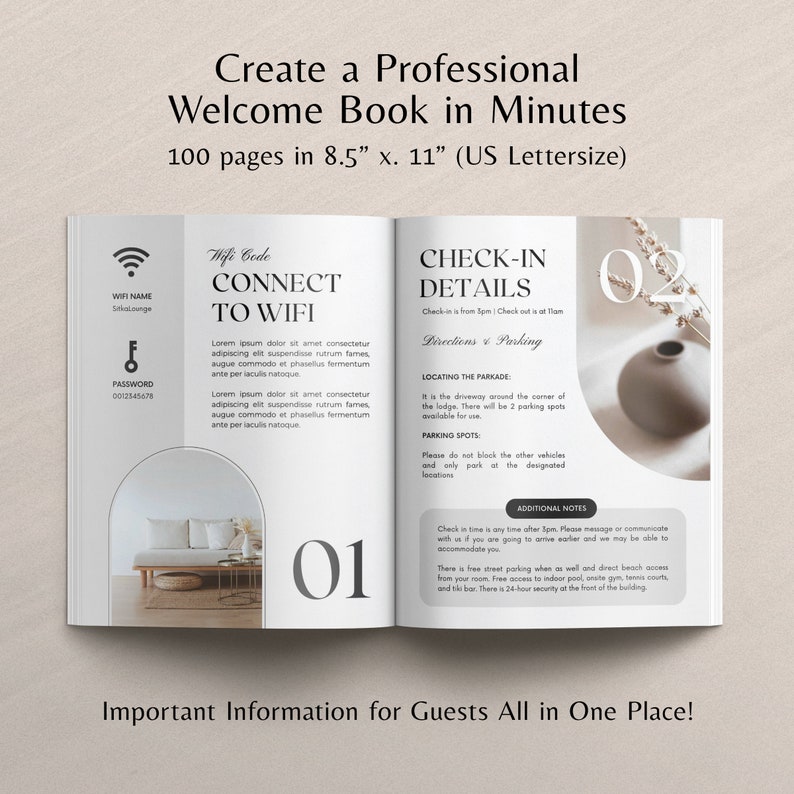 May include: A welcome book template for guests with a blue and white design. The cover features a wifi symbol, a key, and the text "Connect to Wifi". The second page features a check-in details section with the text "Check-in Details" and "Directions & Parking".