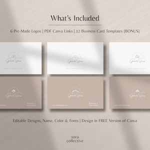 May include: Six pre-made logos and twelve business card templates for a real estate company. The logos feature a house icon and the text "Gabrielle Sams". The business cards are in a light brown color with the company logo and contact information.