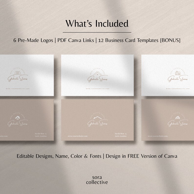 May include: Six pre-made logos and twelve business card templates for a real estate company. The logos feature a house icon and the text "Gabrielle Sams". The business cards are in a light brown color with the company logo and contact information.
