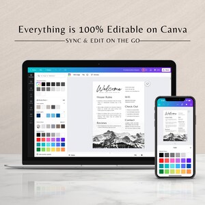 K&ouml;nnte beinhalten: Ein Screenshot einer Canva-Designvorlage f&uuml;r einen Willkommensleitfaden f&uuml;r eine Lodge oder ein Hotel. Die Vorlage enth&auml;lt Abschnitte f&uuml;r Hausregeln, WLAN, Check-out, Kontakt und Bewertungen. Das Design zeigt ein Schwarzwei&szlig;foto von Bergen.