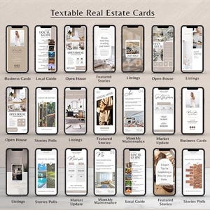 May include: A collage of 12 different phone screen mockups showing various real estate marketing ideas. The mockups feature different layouts and designs, including open house announcements, local guide information, featured stories, market updates, and listings. The mockups are all in a neutral color palette with a modern aesthetic.