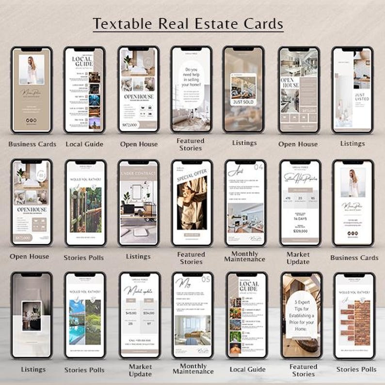 May include: A collage of 12 different phone screen mockups showing various real estate marketing ideas. The mockups feature different layouts and designs, including open house announcements, local guide information, featured stories, market updates, and listings. The mockups are all in a neutral color palette with a modern aesthetic.