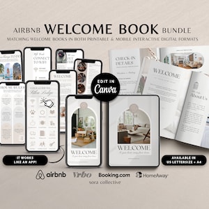 May include: A bundle of printable and digital welcome books for Airbnb, Vrbo, Booking.com, and HomeAway. The books feature a modern design with a neutral color palette and include sections for house rules, a guide to the property, check-in details, and a welcome message. The books are editable in Canva.