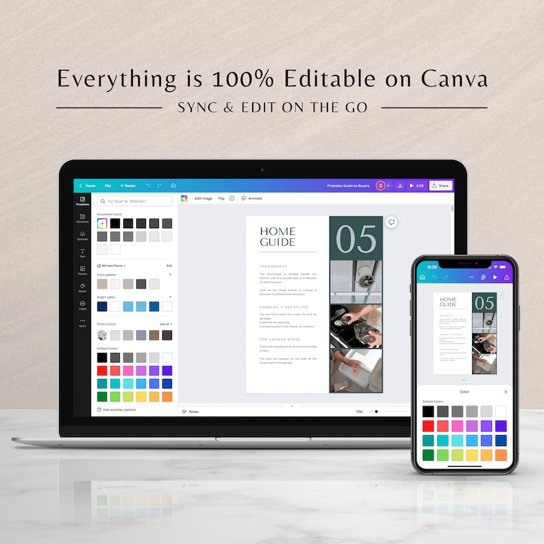 May include: A laptop and a smartphone displaying a Canva design template for a printable home guide. The template features a green background with the text "HOME GUIDE" and the number "05". The design includes images of a thermostat, a garage, and a fence.
