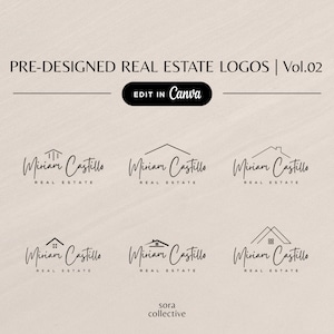 May include: Six black and white logo designs for a real estate company called "Miriam Castillo Real Estate". Each logo features a stylized house icon and the company name in a handwritten font.