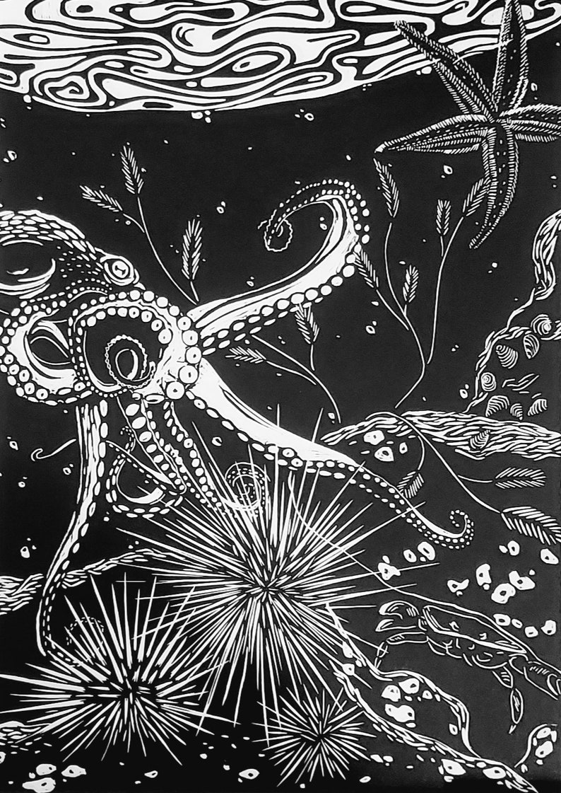 Osprey and Octopus (woodcut, Triptych Left Panel) - Etsy UK
