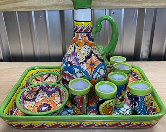 Talavera Decanter Tray Shot Glass Set | Colorful Hand Made & Painted | Mexican Crafts | Liquor Decanter Set