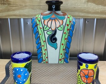 Ceramic Stoneware Liquor Mariachi Sarape Tequila Drink Set Decanter Shot Glasses Hand Decorated Colorful Durable